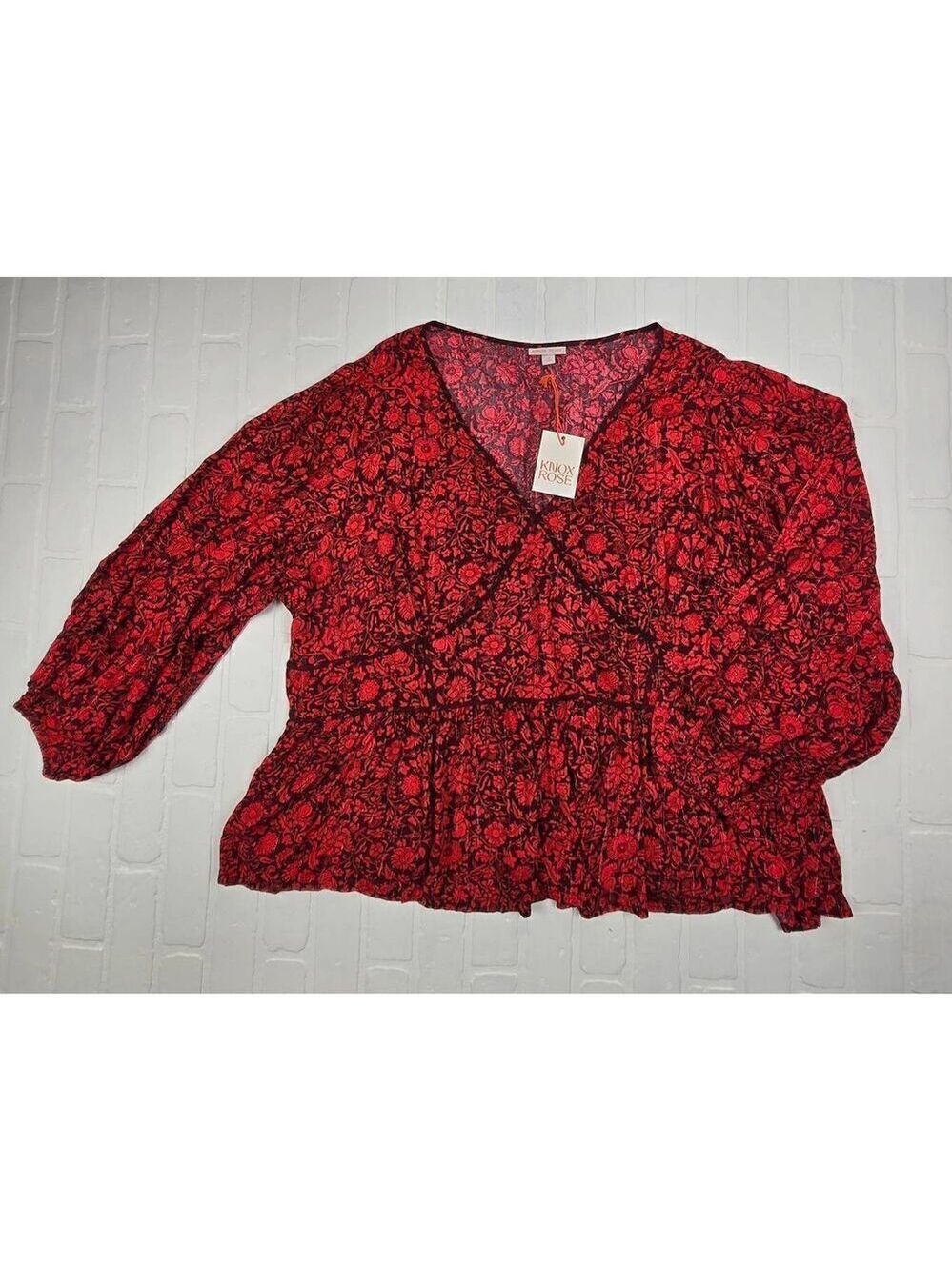 Knox Rose Floral V-Neck  Balloon Sleeve Blouse 4X